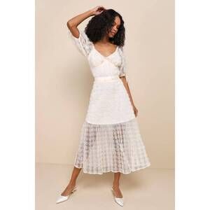 Lulus Ideal Adoration Cream Tulle Swiss Dot Rosette Midi Skirt White - Size S